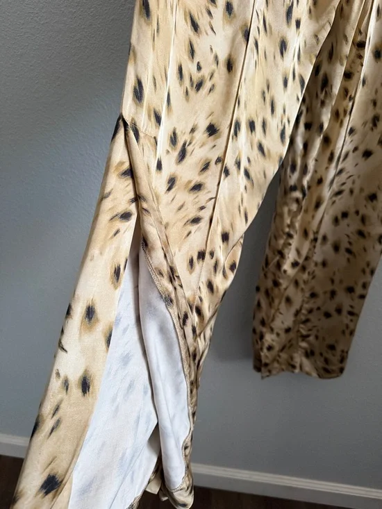 ZARA Satin Animal Print Wide Leg Pants High Waist Slit Hem Size S - Picture 9 of 11